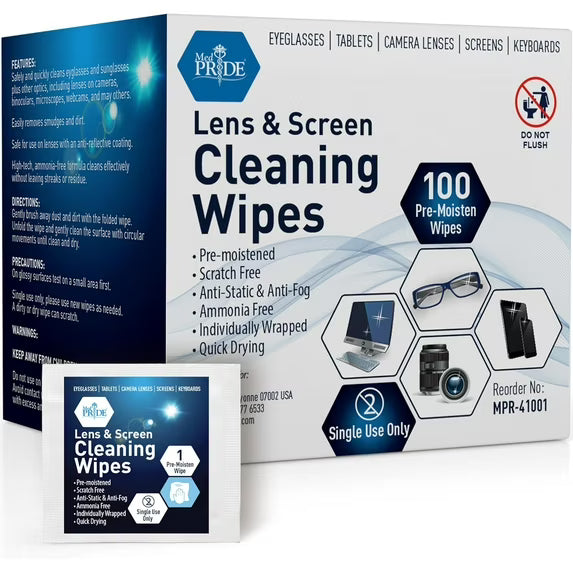 Medpride Medpride Lens Wipes Anti Fog Anti Static Screen Eyeglass Cleaning Wipes 100 Pack (Pack of 2) — 100 ct