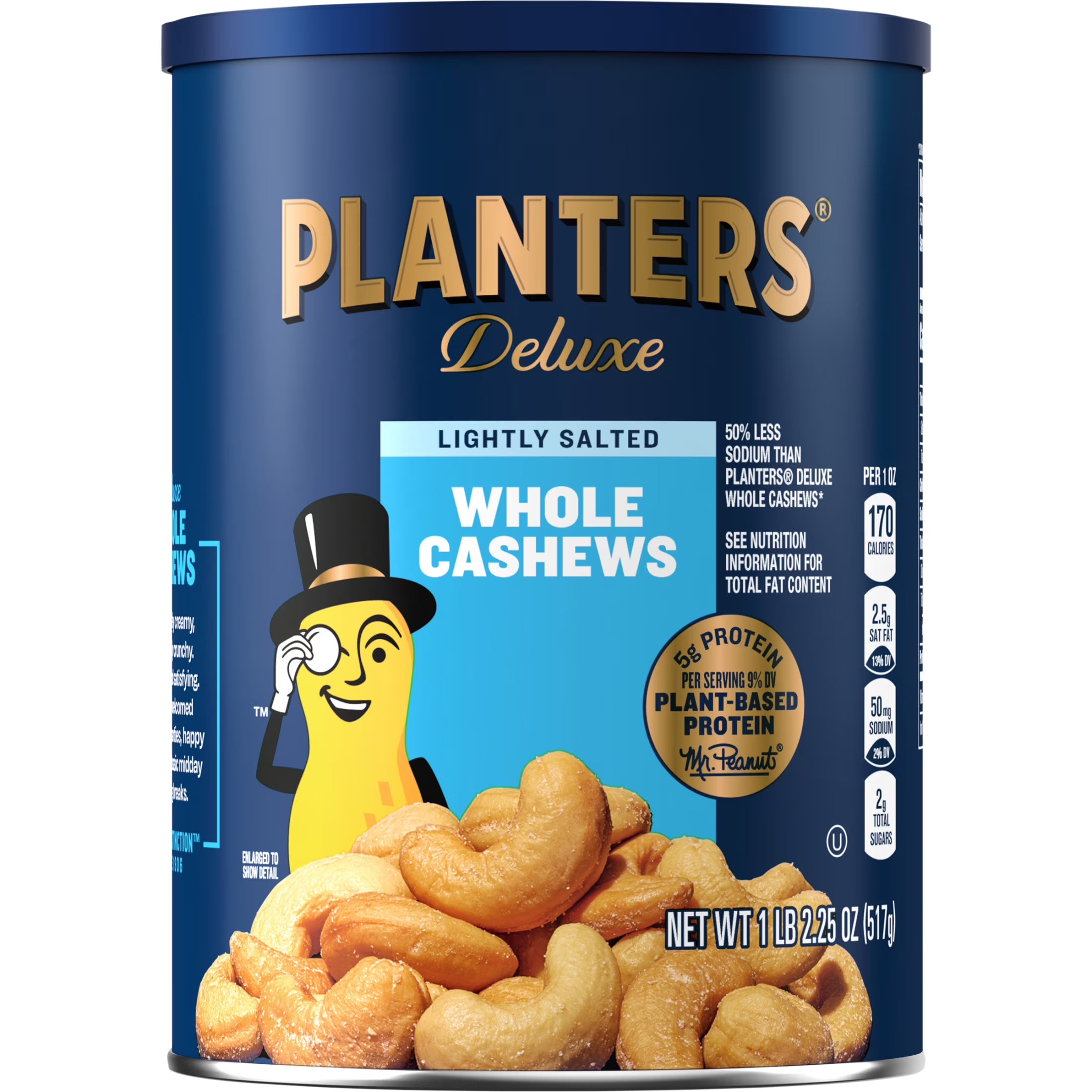 PLANTERS Deluxe Lightly Salted Whole Cashews, Party Snacks, Plant Based Protein, 18.25 oz Steel Can (1 Canister)