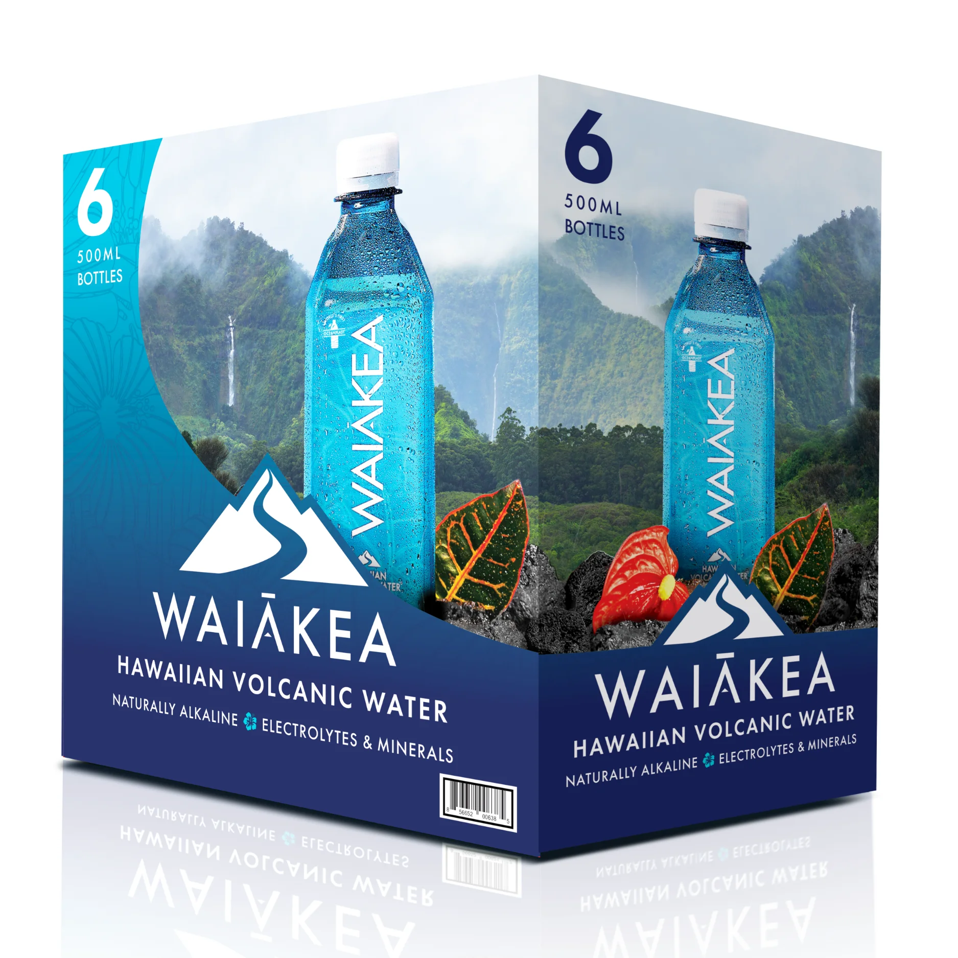 Waiakea Bottled Water, Hawaiian Volcanic Alkaline Water, 500ml (16.9 oz) Bottles, 6 Pack