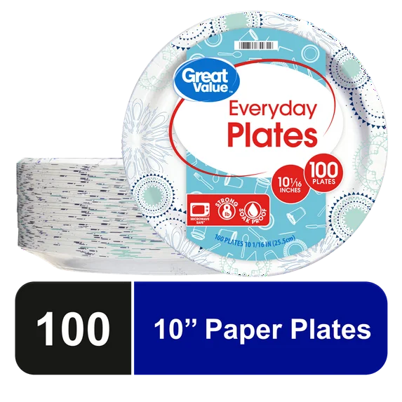 Great Value Disposable Paper Plates, 10", 100 Count (Pack of 2)
