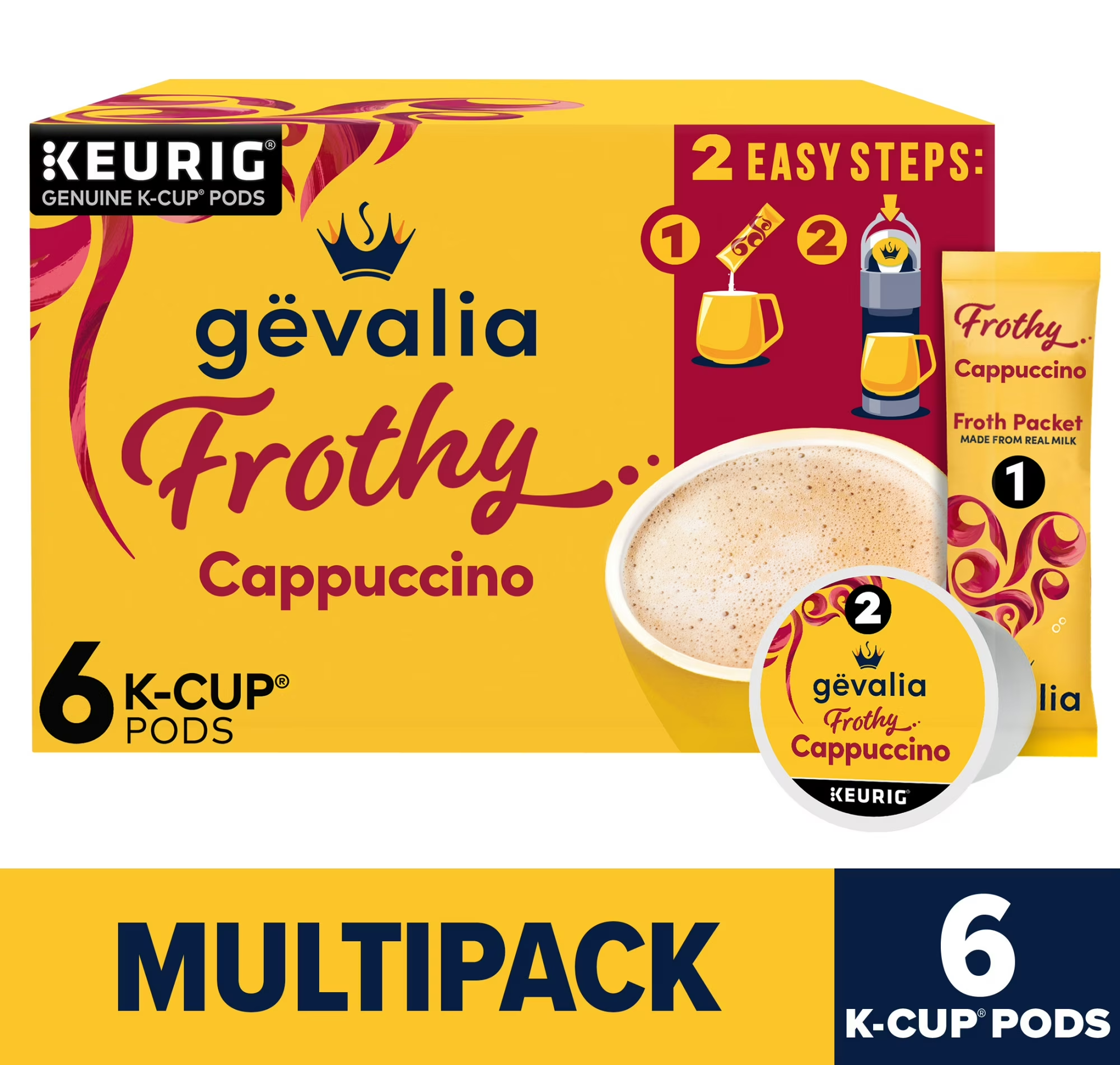 Gevalia Frothy 2‑Step Cappuccino Kit — Espresso-Style K‑Cup Pods + Froth Packets, 6 ct