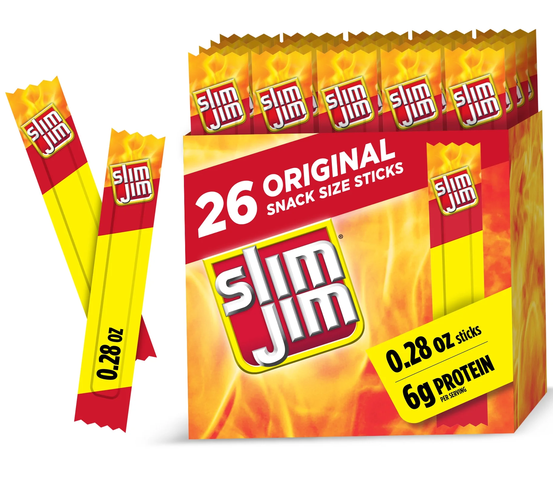 Slim Jim Smoked Meat Sticks, Original Flavor, 6g Protein Per Serving, Snack Size, Lunchbox Snack, 0.28 oz. (26 Count)