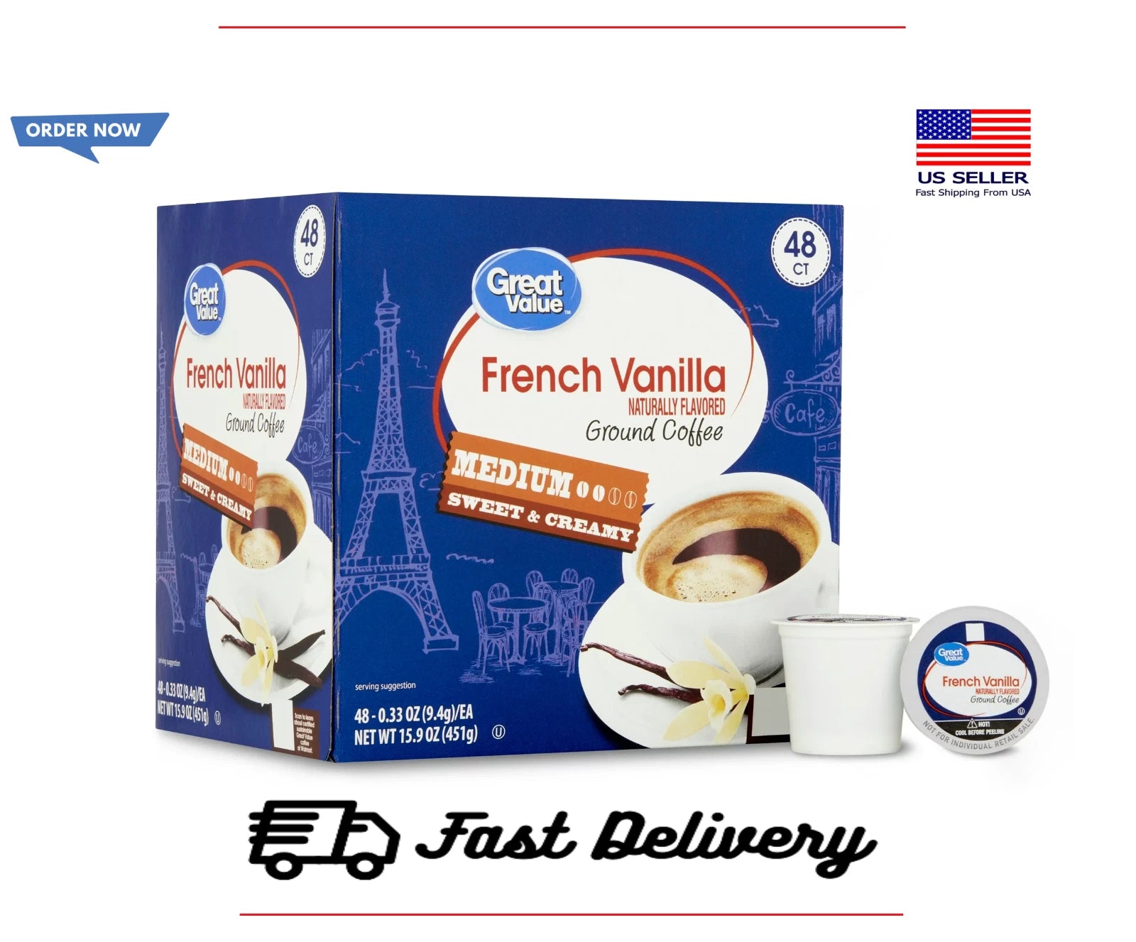 Great Value 100% Arabica French Vanilla Medium Roast Ground Coffee Pods, 48 Ct