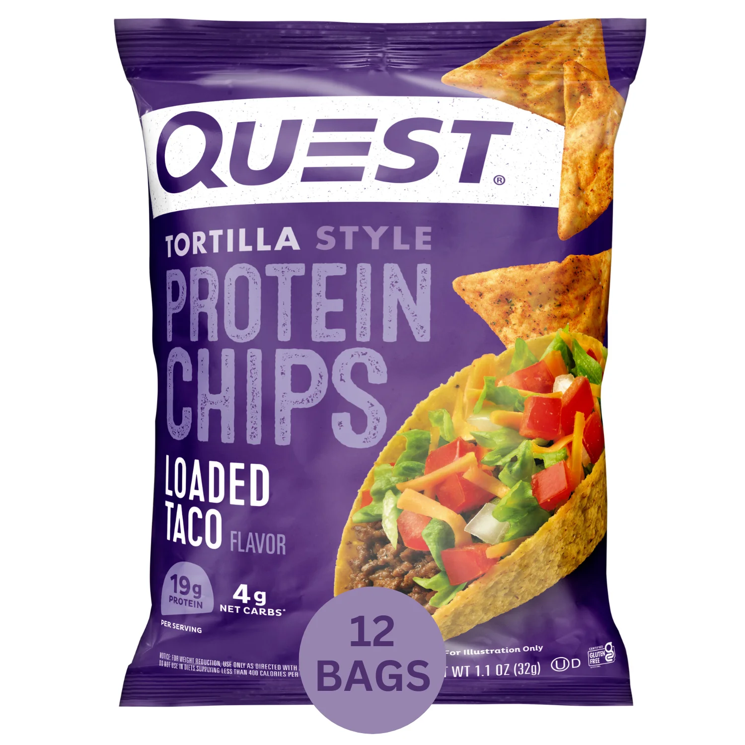 Quest Tortilla Style Protein Chips, Loaded Taco Flavor, Gluten Free, Baked, 1.1oz Bags, 12 Count