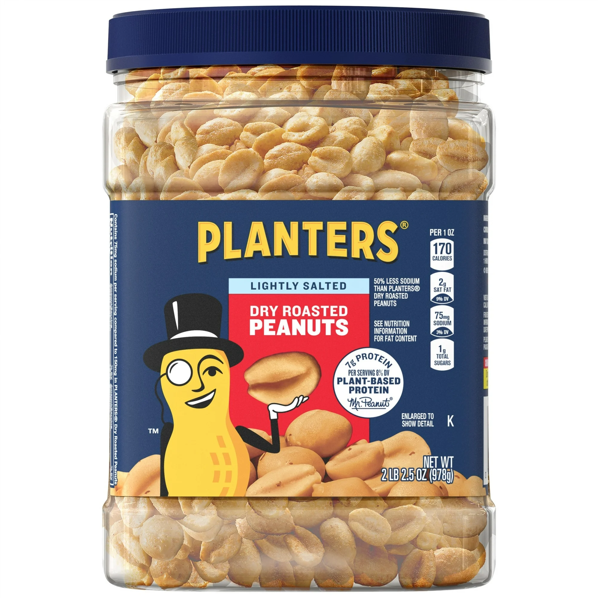 PLANTERS Lightly Salted Dry Roasted Peanuts, Party Snacks, Plant Based Protein, 2.16 lb Canister